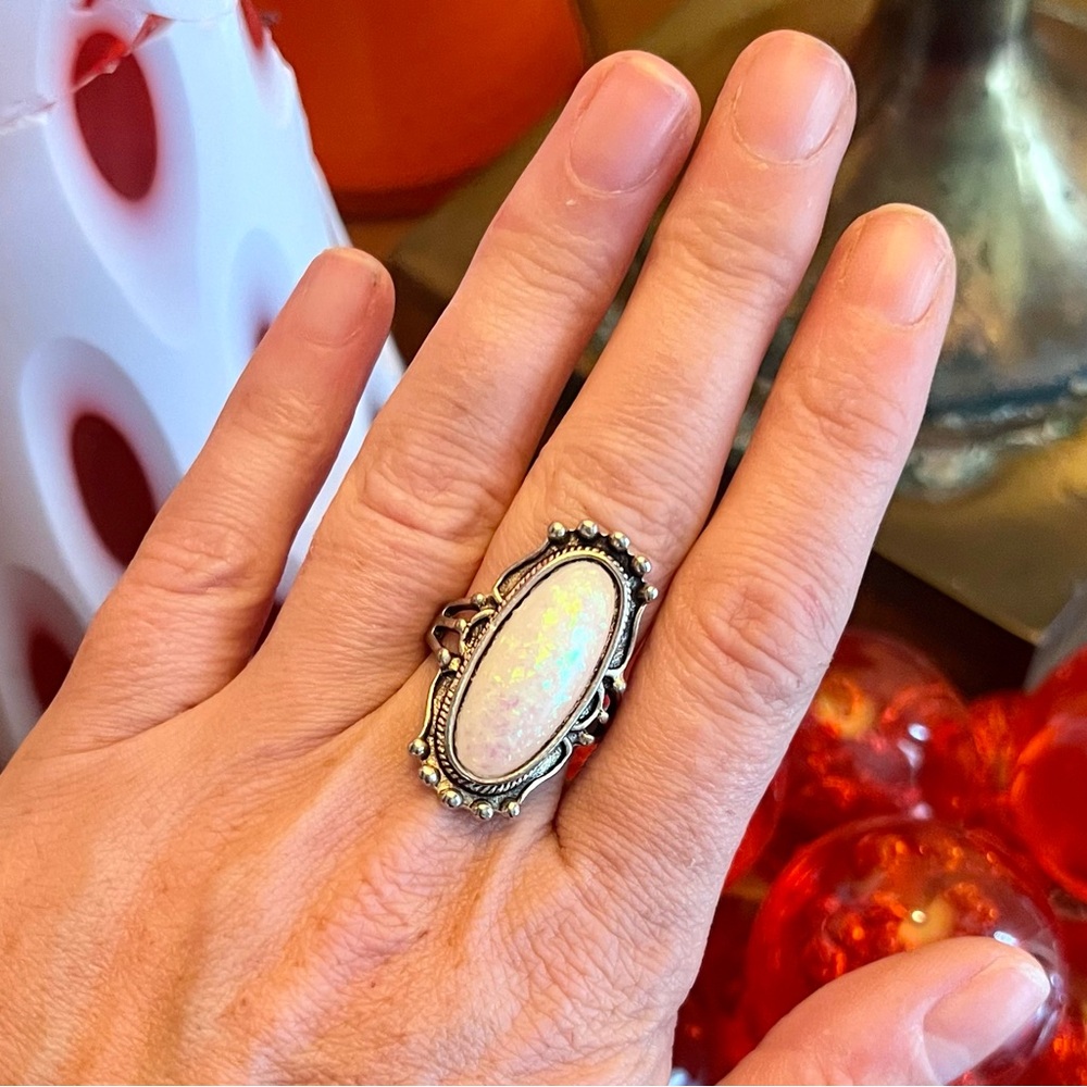Vintage Faux Fire Opal Stone White Ring